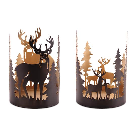 Melrose Deer & Forest Cut Metal Pillar Candle Holders Set
